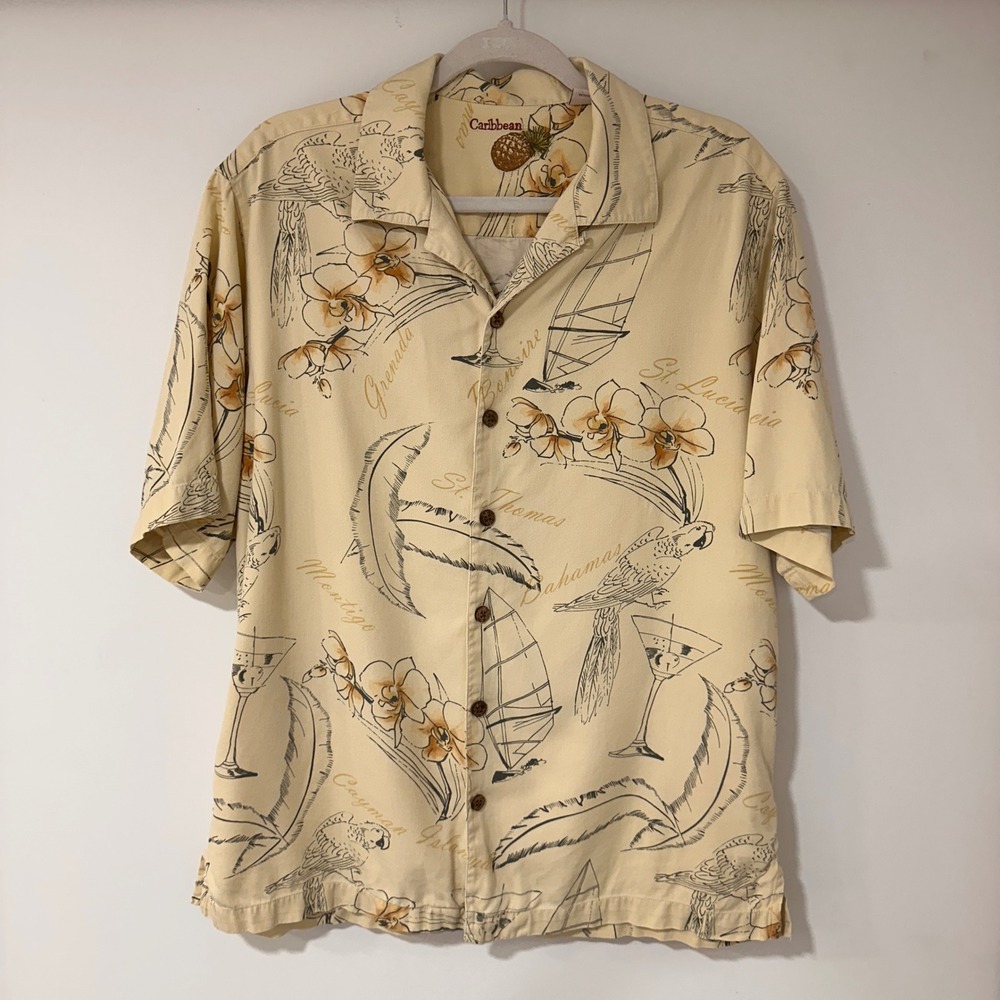 Caribbean Silk Cotton Blend Camp Shirt Mens Medium Yellow Island Print | Coastal